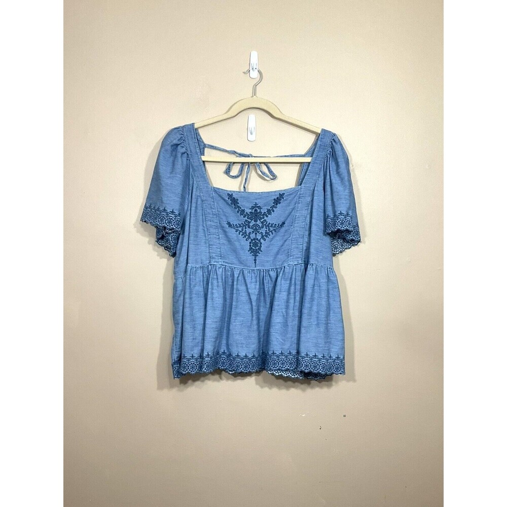 Old Navy Womens Embroidered Chambray Babydoll Shirt 4X Blue Boho Coastal Fairy